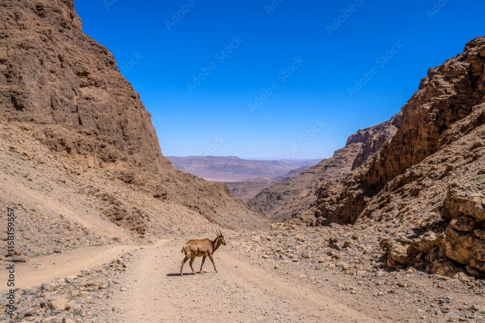 A dramatic shot of an ibex navigating a narrow rocky path, with the vast expanse of a valley far below A dramatic shot of an ibex navigating a narrow rocky path, with the vast expanse of a valley far below