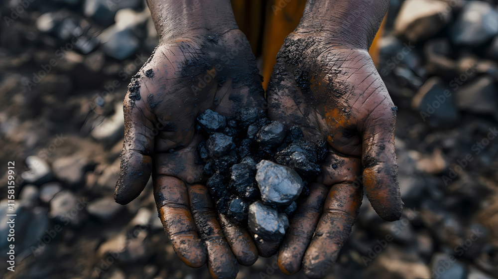 Dirty hands of poor miner filled with raw cobalt ore, dangerous mining in africa congo, human rights violation problem, battery ressources, exploitation. Cobalt. Illustration