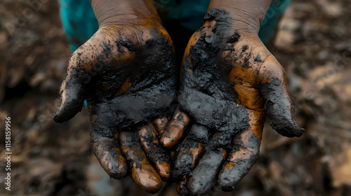 Dirty hands of poor miner filled with raw cobalt ore, dangerous mining in africa congo, human rights violation problem, battery ressources, exploitation. Cobalt. Illustration photo