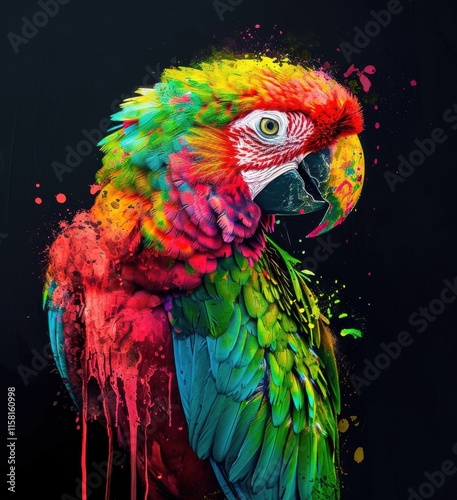 Vibrant, colorful parrot in a splash art style; perfect for vibrant, nature, and animal themes. photo