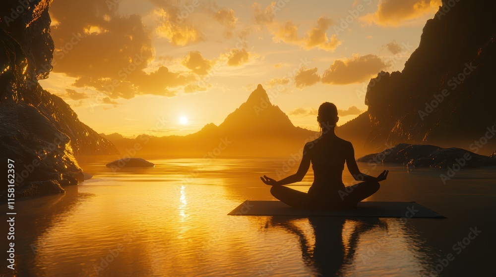 A serene silhouette meditates at sunset by the water, surrounded by mountains and nature. A serene silhouette meditates at sunset by the water, surrounded by mountains and nature.