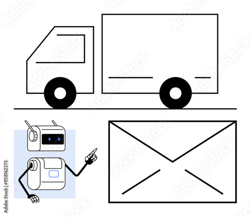 Truck large envelope, and robot point towards quick delivery. Ideal for shipping, automation, logistics, AI, e-commerce, technology, future tech. Line metaphor