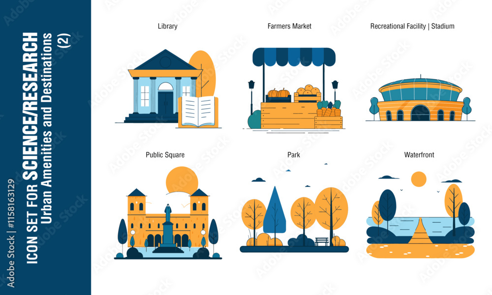 Icon sets for urban amenities, facilities, destinations, and point of interests (POI)