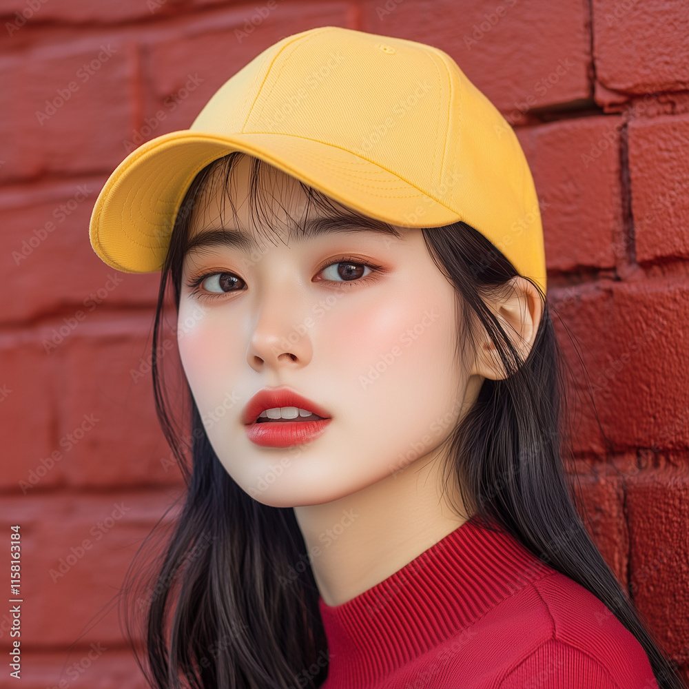 A Japanese female model wearing a blank yellow baseball cap. Red brick wall background, Ai generated images A Japanese female model wearing a blank yellow baseball cap. Red brick wall background, Ai generated images