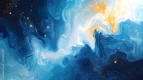 Celestial energy-themed backdrop with radiant streaks of cobalt blue and amber light, softly merging into a gradient of white and aquamarine for a balanced composition. Cobalt. Illustration photo