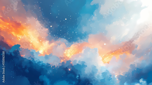 Celestial energy-themed backdrop with radiant streaks of cobalt blue and amber light, softly merging into a gradient of white and aquamarine for a balanced composition. Cobalt. Illustration photo