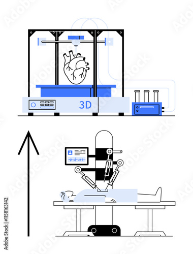 Robotic system performing surgery on a patient highlighted by a 3D printer creating a heart model. Ideal for healthcare, technology, innovation, surgery, robotics, 3D printing, medical advancements