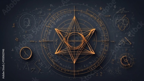 Artistic geometric staric design on a dark background, blending ancient symbols with contemporary digital art for a striking visual.