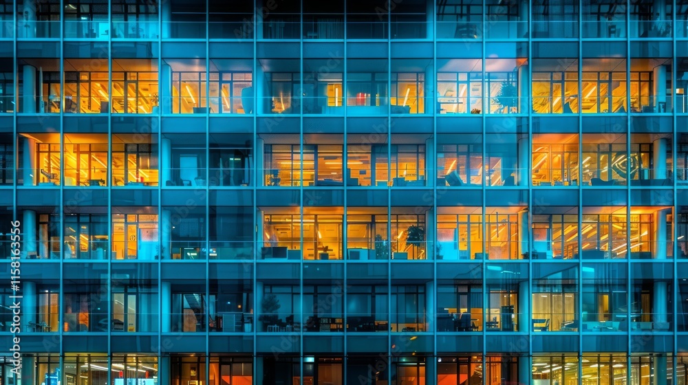 Illuminated modern office building at night, showcasing numerous windows with interior lights. Illuminated modern office building at night, showcasing numerous windows with interior lights.