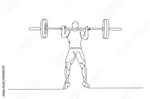 Man doing exercise with a heavy weight bar in continuous one line drawing. Cardio and lifting exercises single line art illustration. Editable vector.