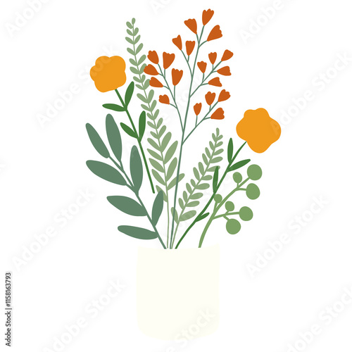 interior flower decoration with vase vector illustration. Hand-drawn style.