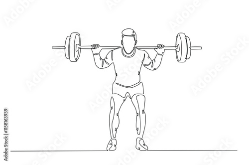 Man doing exercise with a heavy weight bar in continuous one line drawing. Cardio and lifting exercises single line art illustration. Editable vector.