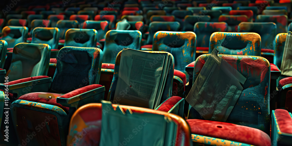 Fototapeta premium Worn Theater Seating with Newspapers