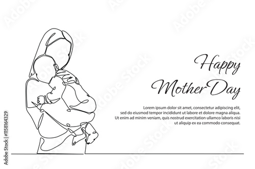 Mother and baby in continuous one line drawing. Mothers day celebration concept in single line art illustration. Editable vector.