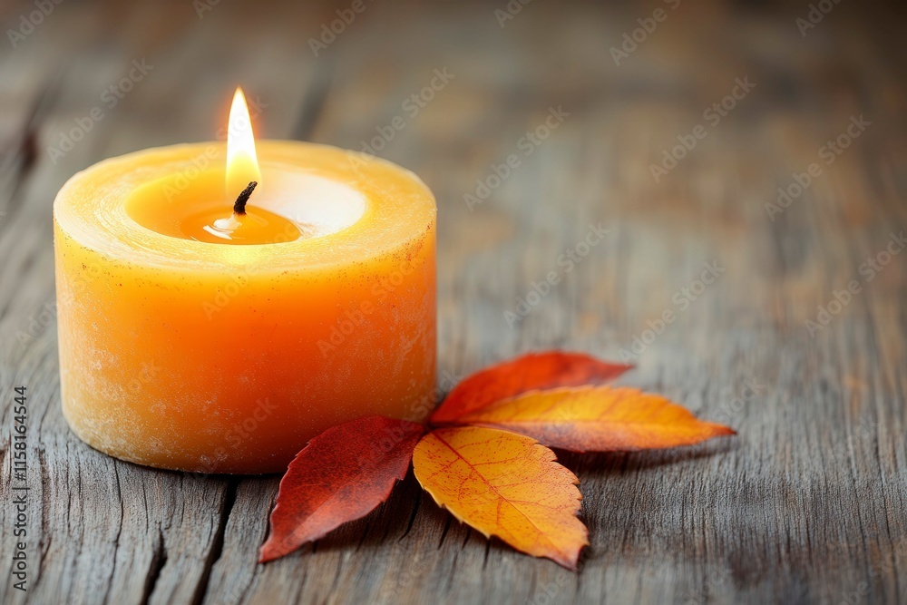 Orange Candle with Autumn Leaves on Wooden Background Orange Candle with Autumn Leaves on Wooden Background