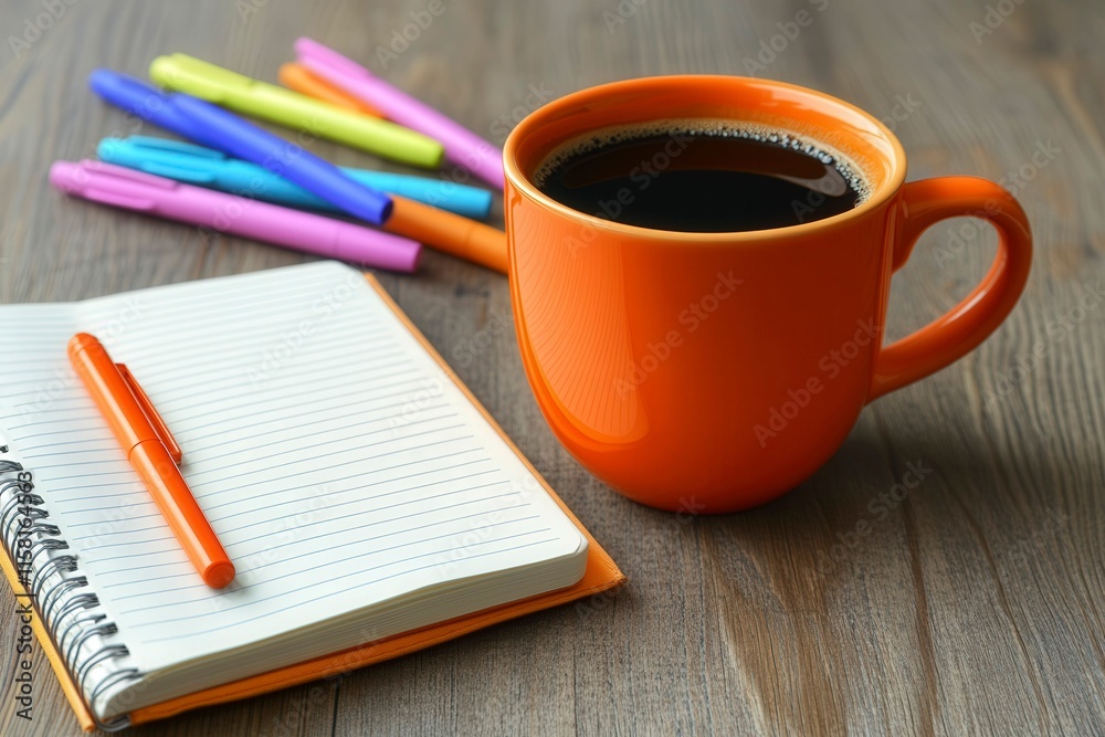 Orange Mug and Notepad on a Wooden Desk Orange Mug and Notepad on a Wooden Desk