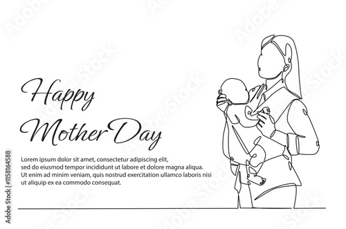 Mother and baby in continuous one line drawing. Mothers day celebration concept in single line art illustration. Editable vector.