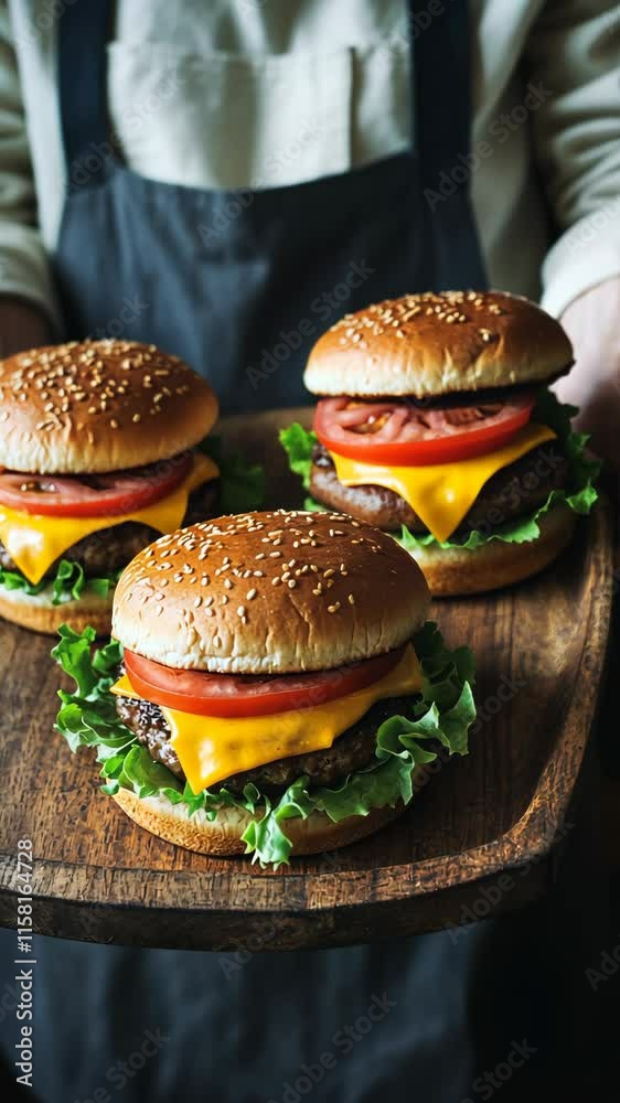 Delicious cheeseburgers with fresh ingredients served on a wooden platter in a restaurant setting Delicious cheeseburgers with fresh ingredients served on a wooden platter in a restaurant setting