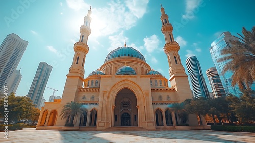 Majestic mosque amidst modern cityscape. photo