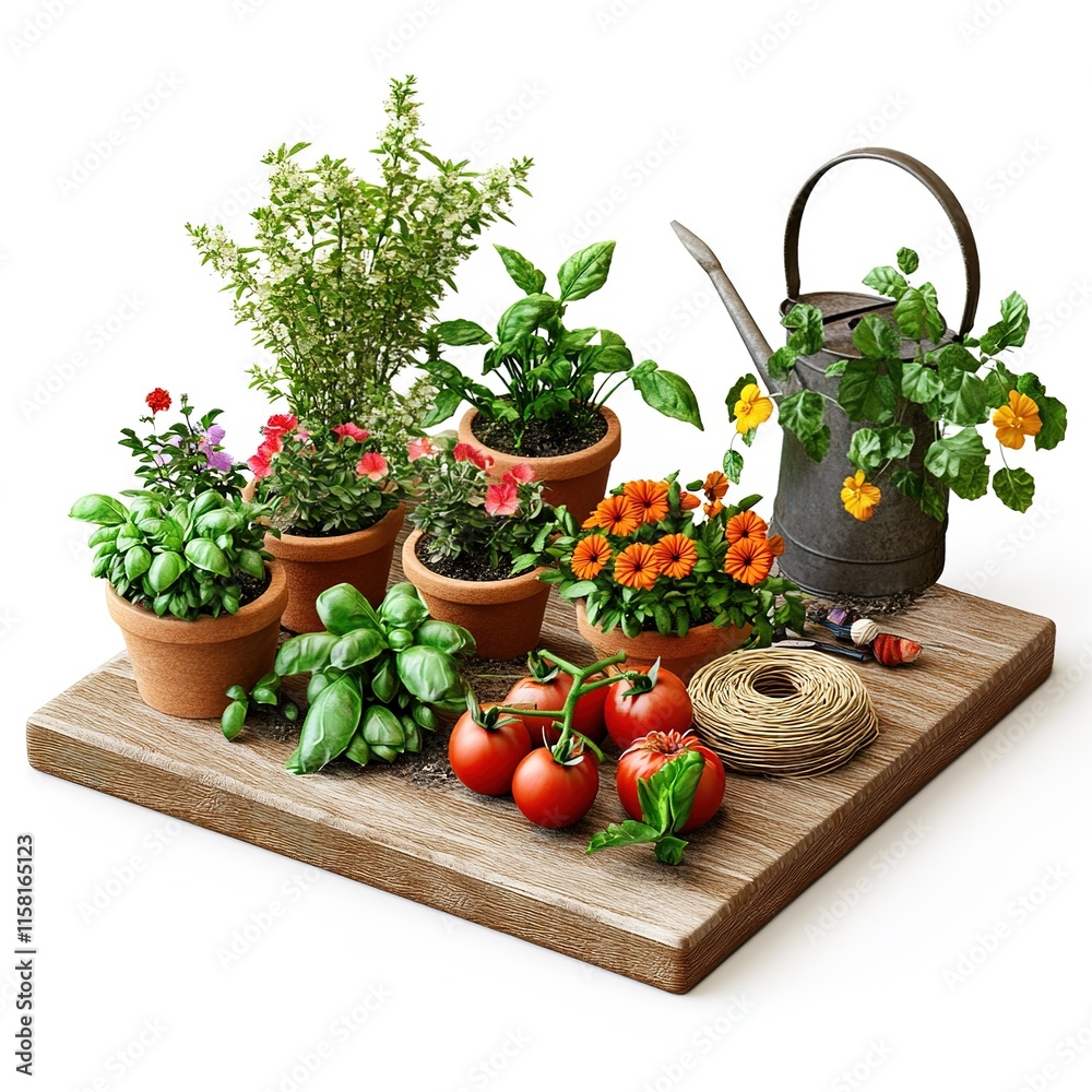 Realistic gardening scene for Amazon A+ Content, showcasing vibrant companion planting with tomatoes, marigolds, basil, and herbs in natural clay pots, a rustic wooden podium with small props Realistic gardening scene for Amazon A+ Content, showcasing vibrant companion planting with tomatoes, marigolds, basil, and herbs in natural clay pots, a rustic wooden podium with small props