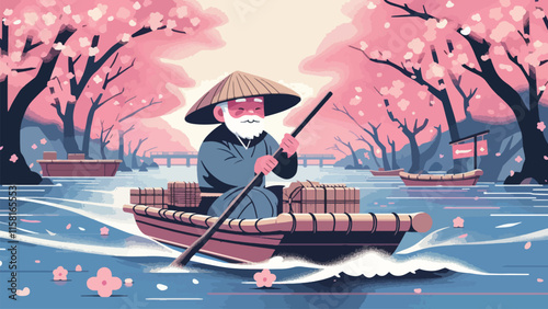 An old man riding a raft in typical Japanese worker clothing, on the river with cherry trees on the edge, low angle 
