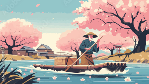 An old man riding a raft in typical Japanese worker clothing, on the river with cherry trees on the edge, low angle 