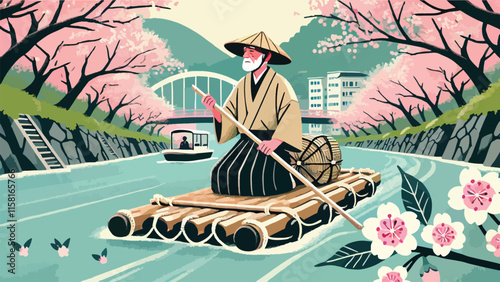 An old man riding a raft in typical Japanese worker clothing, on the river with cherry trees on the edge, low angle 