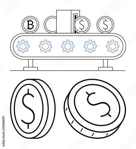 Factory conveyor belt with gears producing Bitcoin and dollar coins. Close-up of dollar coins below. Ideal for finance, cryptocurrency, industry, economics, automation, investment, and digital