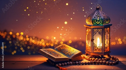 Ramadan kareem concept with Middle Eastern lanterns, Qurans and prayer beads. With a beautiful backdrop of light 