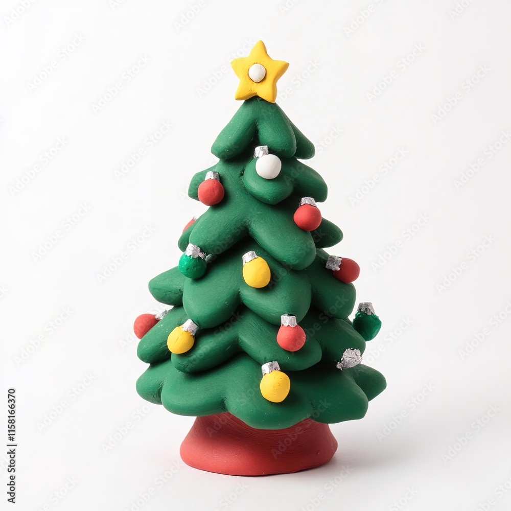 Christmas tree with yellow decorations, crafted from red clay in the center, displayed on a solid white background, capturing a festive and handmade holiday charm. Christmas tree with yellow decorations, crafted from red clay in the center, displayed on a solid white background, capturing a festive and handmade holiday charm.