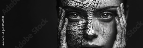 Artistic expression of human emotions through textured facial painting in monochrome