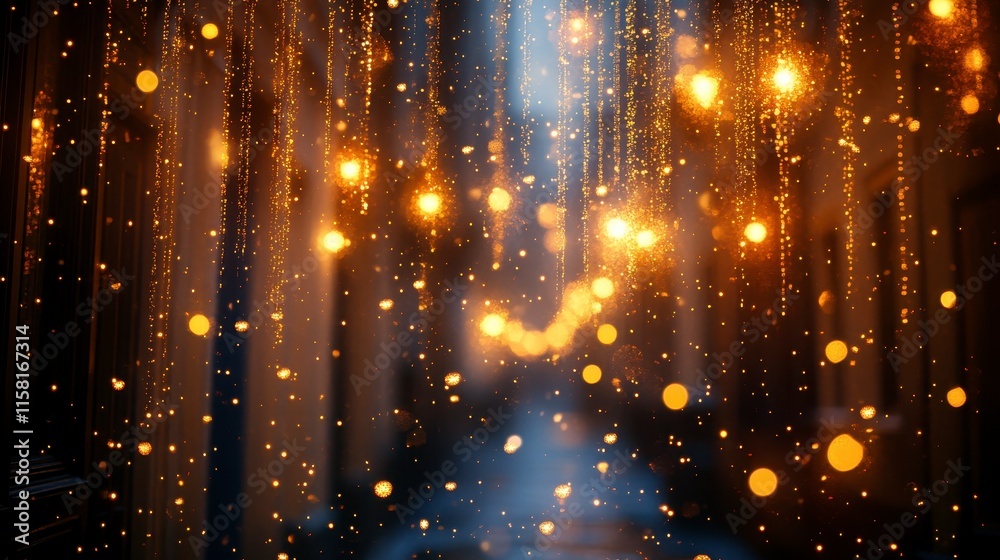 Naklejka premium Abstract gold bokeh lights and dark background.