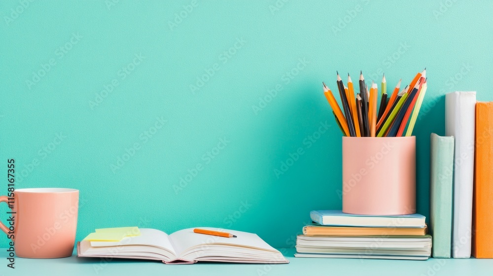 Fototapeta premium Cozy Study Space with Stationery and Books on Minimalist Desk