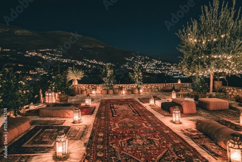 A moonlit iftar gathering on a rooftop, with lanterns and traditional rugs creating a cozy atmosphere photo