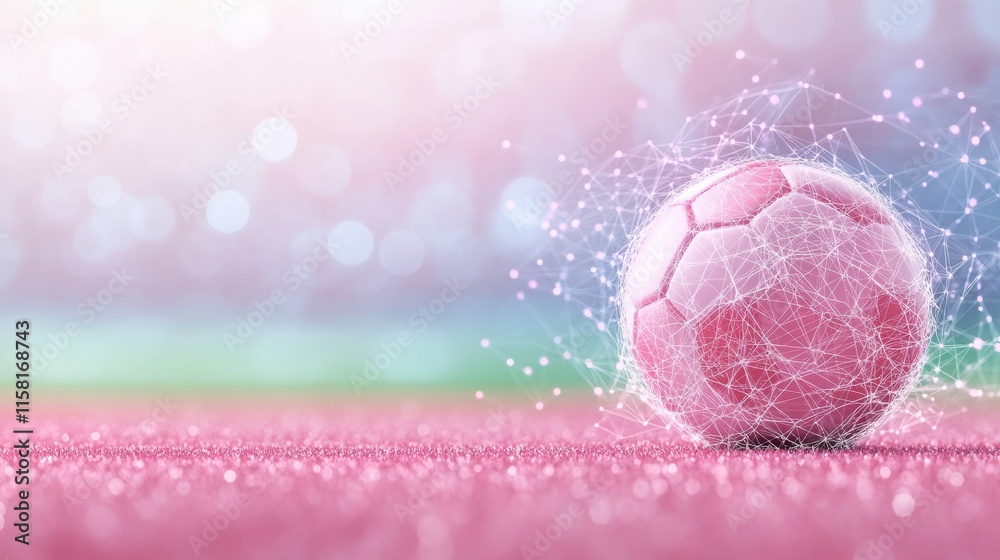 Fototapeta premium Futuristic Soccer Scene with Digital Mesh Overlay on Pink Football in Blur Background
