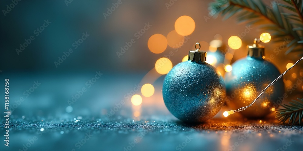 Fototapeta premium Christmas ornaments, teal and gold, bokeh lights, fir branches.
