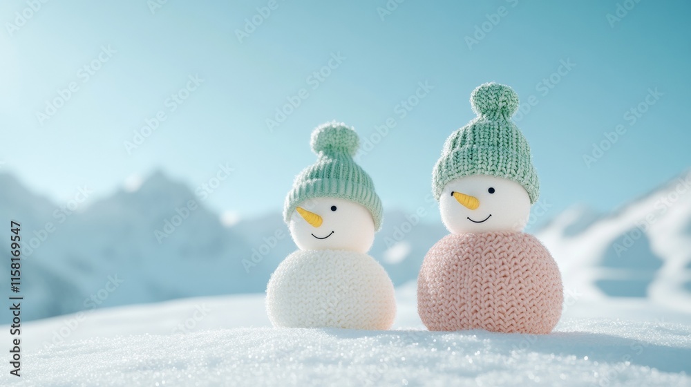 Obraz premium Joyful Snowmen in Winter Mountain Landscape – Cheerful Holiday Scene