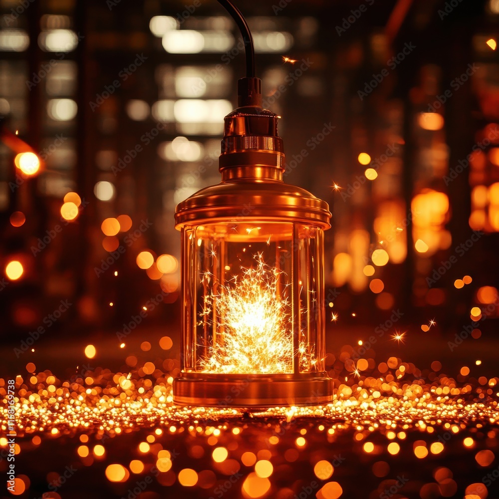 a red fire alarm switch. A glowing lamp illuminating with sparks and warm light. a red fire alarm switch. A glowing lamp illuminating with sparks and warm light.