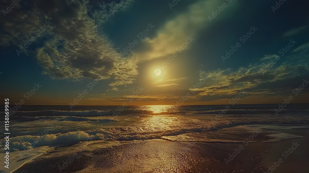 Tranquil sunset over the ocean with shimmering waves and dramatic clouds Tranquil sunset over the ocean with shimmering waves and dramatic clouds