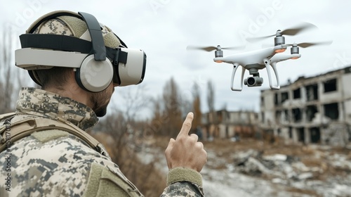 Military technology in action - soldier operating drone, precision, tactical control, advanced equipment, aerial surveillance, strategic planning, remote operation, battlefield innovation. photo