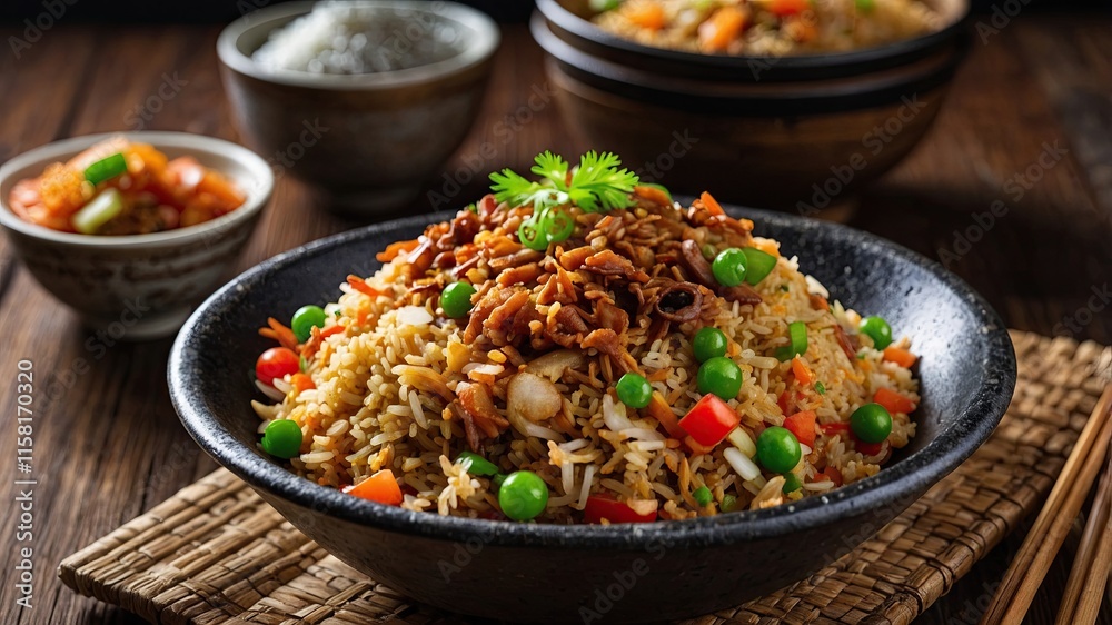Close up of authentic indonesian fried rice on the wood table Close up of authentic indonesian fried rice on the wood table