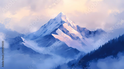 Snowy mountain peak shrouded in mist, serene. Aetherial. Illustration photo