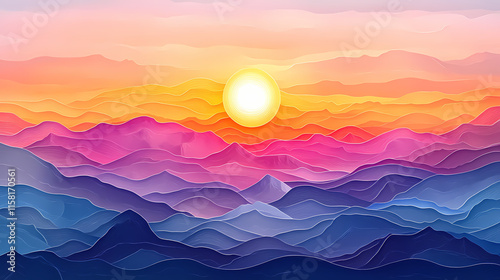 Sunrise through layered clouds. Aetherial. Illustration photo