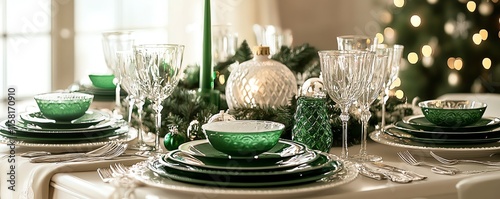 Stylish green and white Christmas table setting, with sparkling glasses, elegant tableware, and festive centerpieces for a New Year celebration, AIenhanced design photo