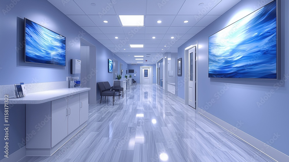 Modern hospital hallway with calming decor. Modern hospital hallway with calming decor.