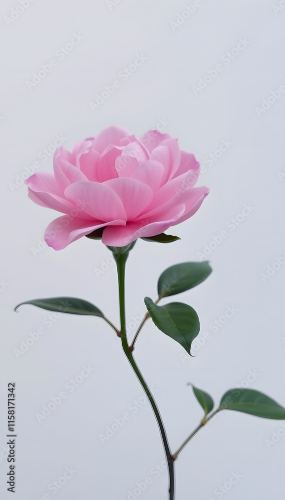 The beauty of a blooming camellia, with its soft pink hues standing out against the simplicity of a white wall The beauty of a blooming camellia, with its soft pink hues standing out against the simplicity of a white wall