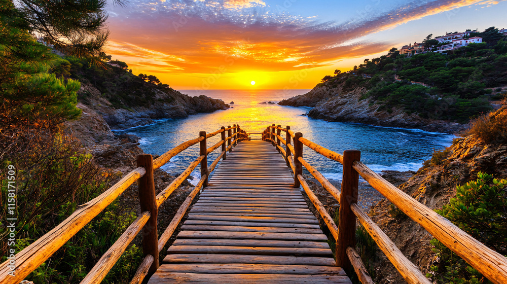 Obraz premium Wooden boardwalk stretching into serene turquoise bay at sunset, surrounded by lush greenery and rocky cliffs, creating tranquil atmosphere