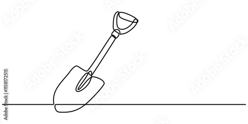 Continuous line drawing of shovel. Shovel linear icon. One line drawing background. Vector illustration. Shovel continuous line icon, Continuous single line sketch drawing of shovel use in agriculture