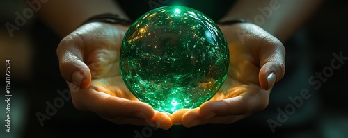 Hands holding a glowing green crystal globe, representing ecofriendly business practices, CSR commitment, and environmental stewardship, bright futuristic style photo