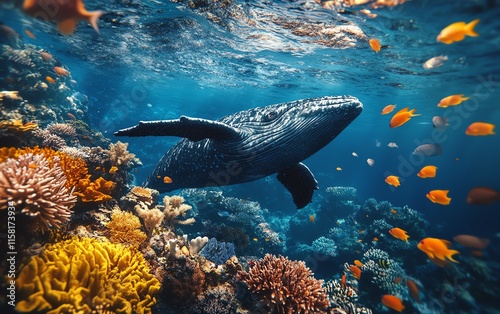 Whale surrounded by a healthy ocean ecosystem with coral reefs, fish, and marine flora, representing the importance of ocean conservation, AIgenerated visual photo